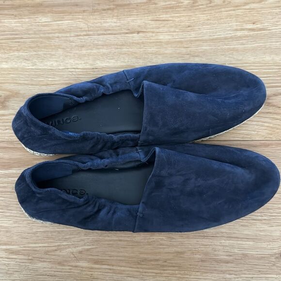 VINCE Womens Navy Leather Espadrille 37.5 Ruched Stretch Meryl Round Toe Slip On - Picture 9 of 11